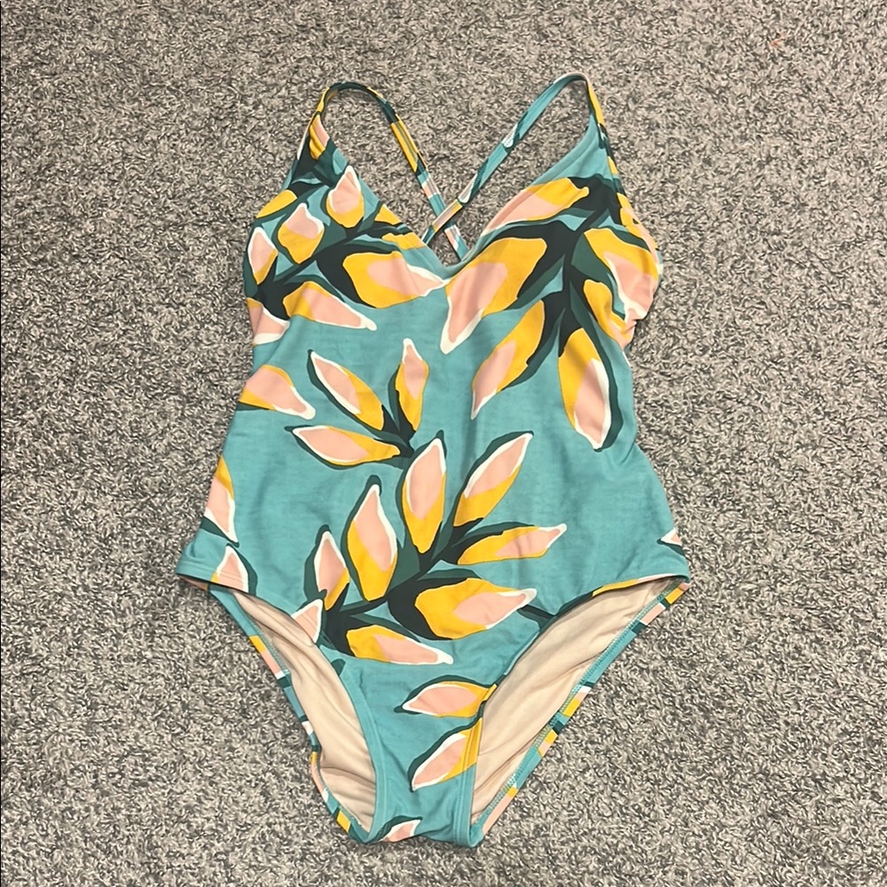 Floral Women’s One Piece Swimsuit - Teal and Yellow